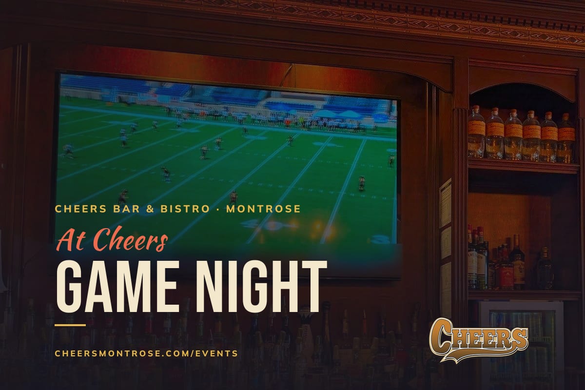 Game Night at Cheers graphic over a photo of the wood bar and screens at Cheers Bar & Bistro
