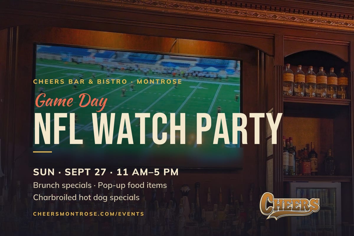 NFL Game Day Watch Party graphic for Sunday, September 27, 11 AM to 5 PM, over a photo of a football game on the screen over the bar at Cheers Bar & Bistro