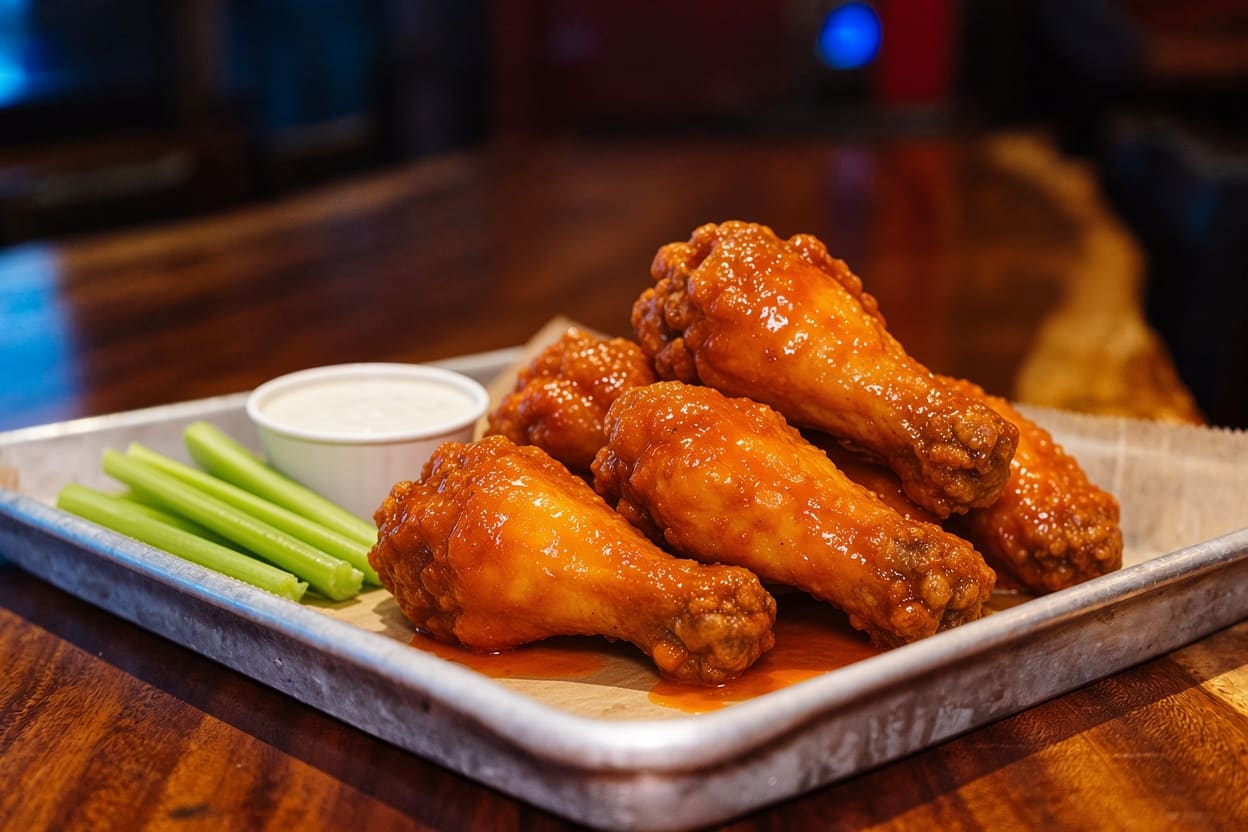 Bone-in chicken wings in orange-red wing sauce with celery and ranch on a metal tray at Cheers Bar & Bistro (image edited with AI from a photo taken at the bar)